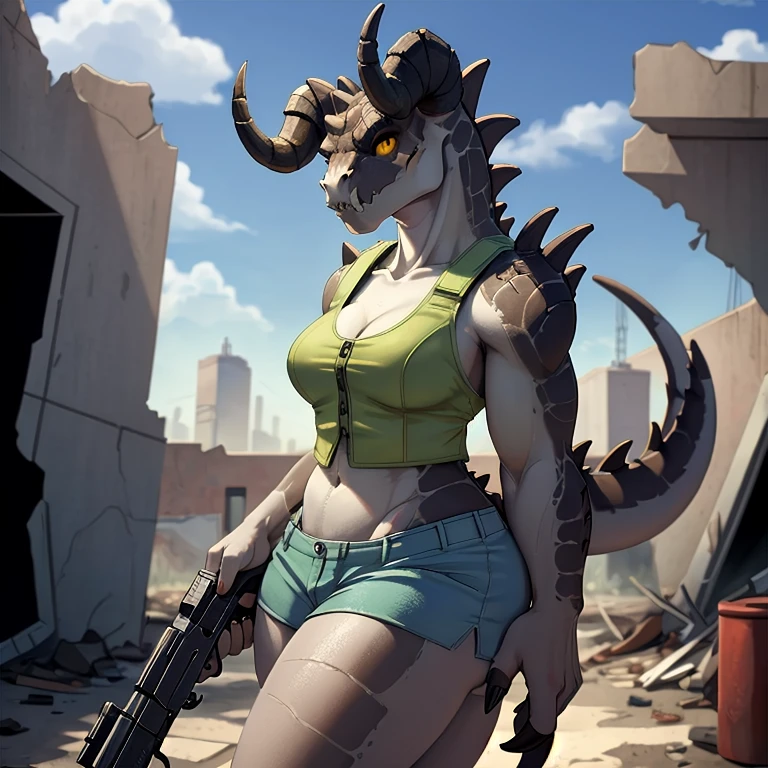 a highly detailed and intricate anime style anthro reptile girl, green scaled skin, yellow eyes, black lips, black ram horns, long tail, tall stature, anthro deathclaw from fallout, wearing a bulletproof vest, holding a rusty gun, blue shorts, standing in a ruined city, looking directly at the viewer, (best quality, 4k, ultra-detailed, realistic, photorealistic, vivid colors, physically-based rendering, masterpiece:1.2)