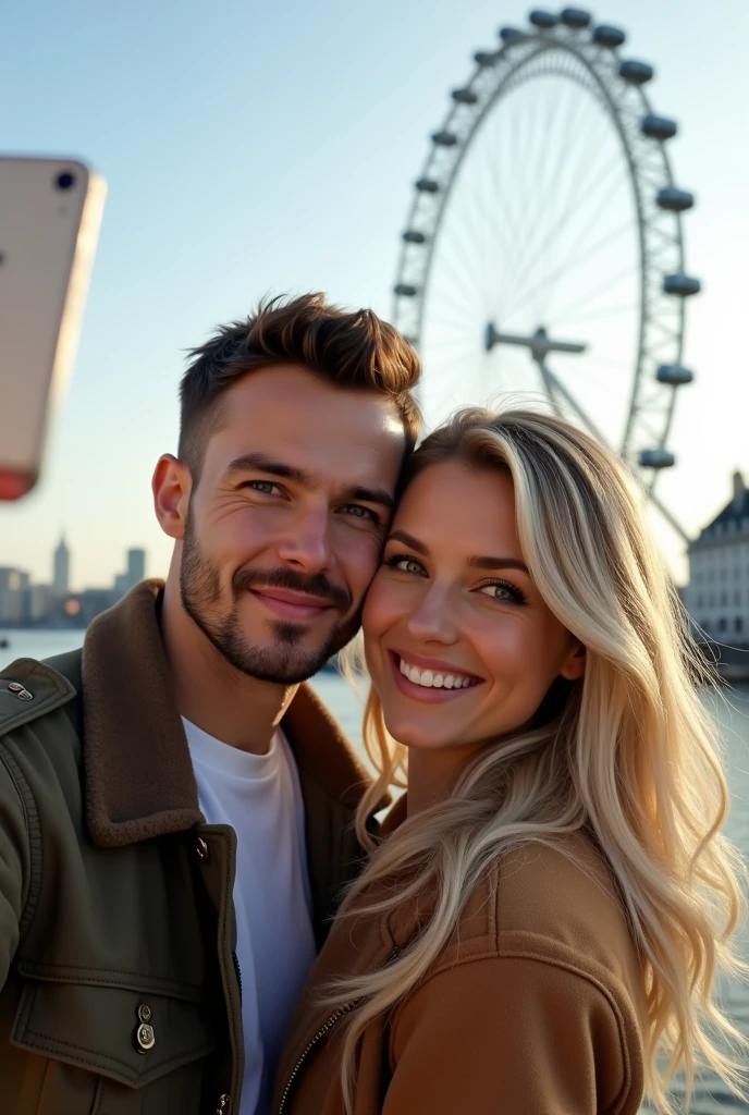 A couple hugging in front of the London Eye, taking a profile selfie man brown hair and eyes, blonde woman with green eyes 8k ultra realistic photorealistic