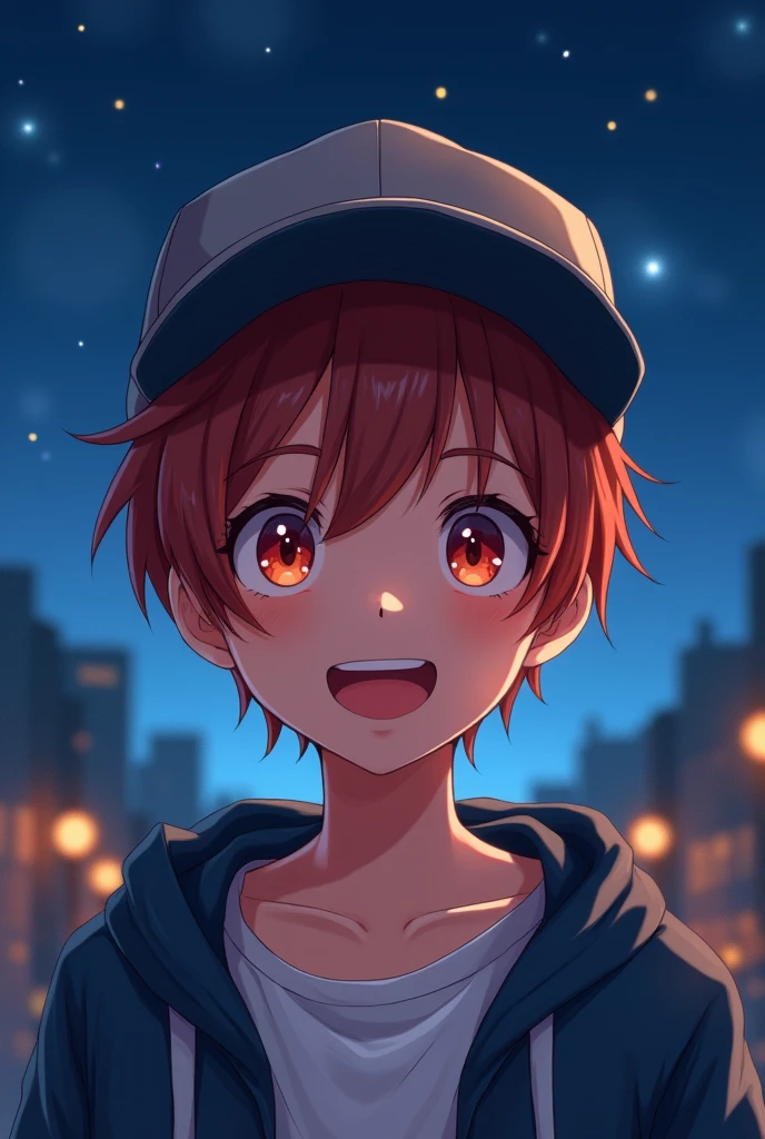 , rubio, Red eyes, cap, night landscape, anime style, happy