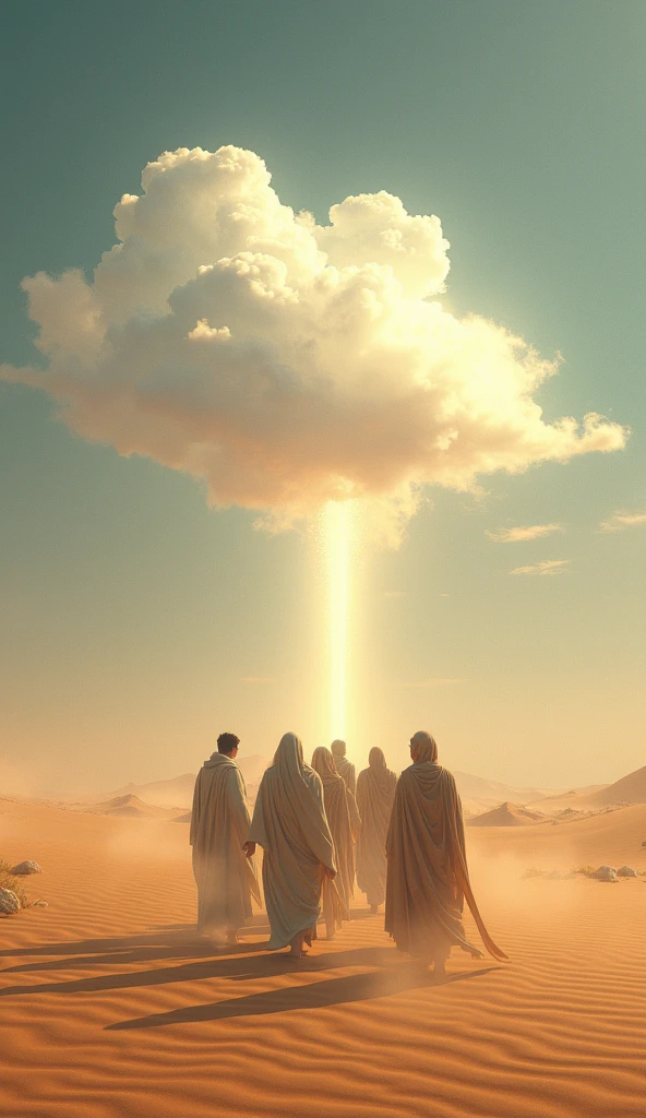 A cloud guiding people in the desert, people close to the image 
