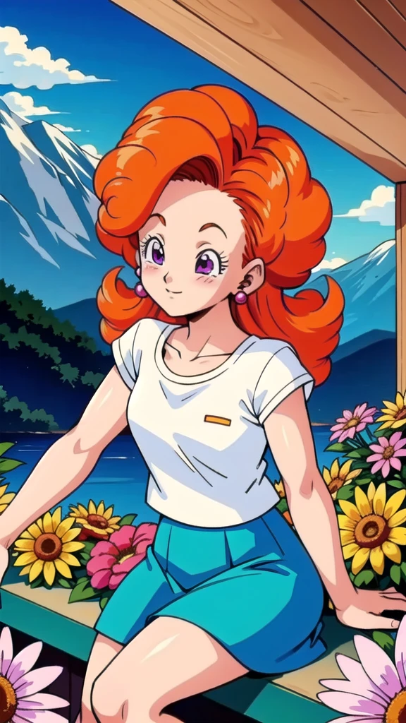 angela, anime coloring, 1girl, solo, orange hair, purple eyes,white t-shirt, teal skirt,long hair,,sitting,  slight smile,blush,curly hair, red pearl earrings,arm support,flowers, forest, mountain,(best quality, masterpiece) 