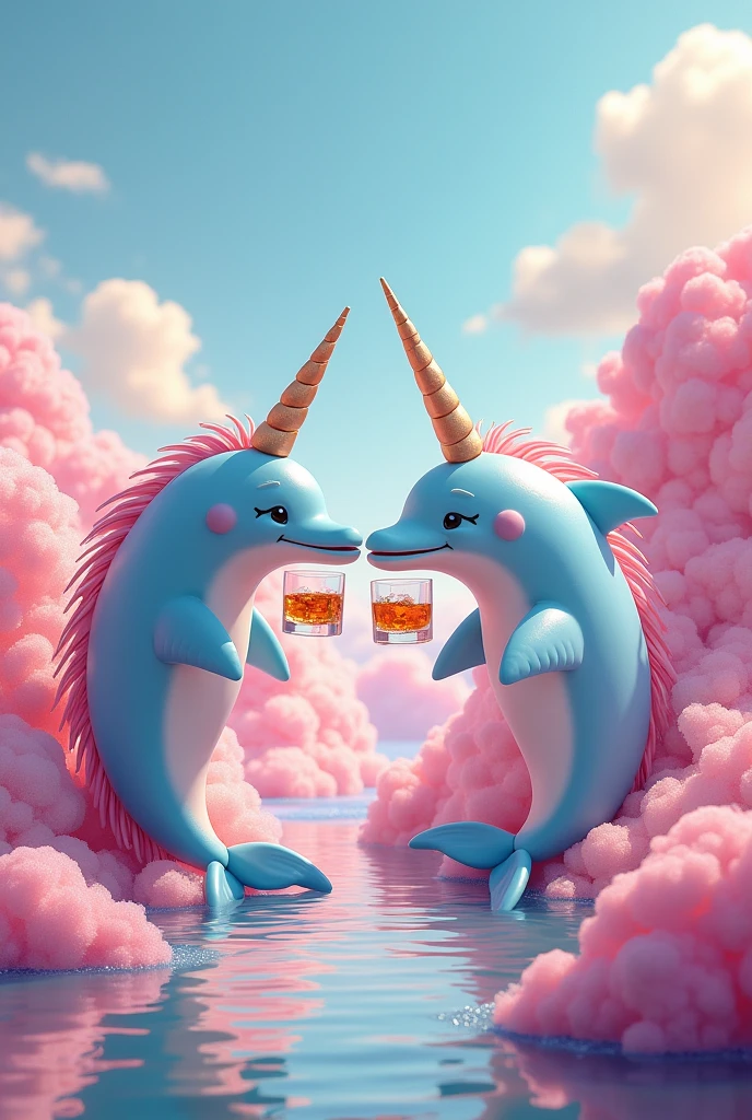 Create images of unicorn dolphins drinking whiskey in bright pastel shades 