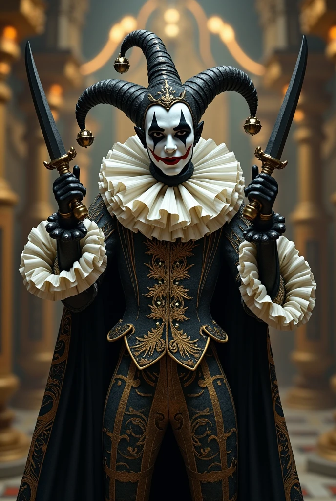 A male jester wearing black white and gold, holding knives,and 