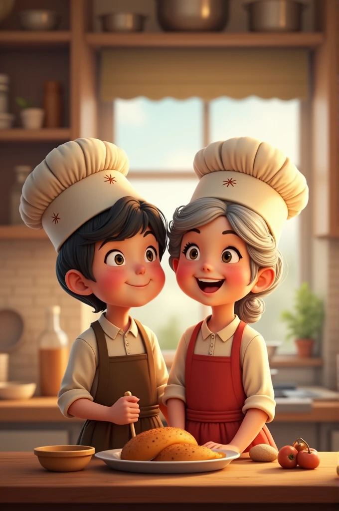 Grandma with a cooking hat and her grandson with a cooking hat