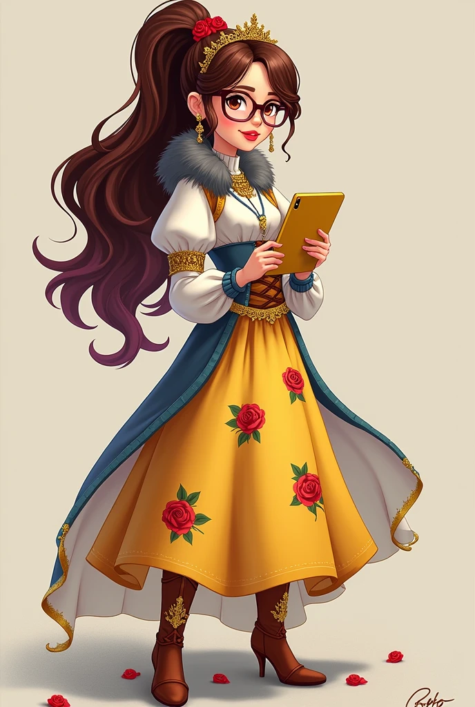 Imagem da filha da Ramona Badwof e da Rosabella Beauty de Ever After High: A long wavy brown ponytail with red streaked bangs, first of all, light brown eyes, brown glasses with a red rose, long white blouse with blue, with red roses on the blouse and sleeves, yellow skirt with golden roses, a faux fur collar around the neck of gray color, wolf earrings, wolf necklace,brown high heel boots with roses, golden flower tiara on head, You have to be holding a yellow tablet with red roses in your hands, You have to have red highlights in your hair, cannot have wolf ears on the head and in the hair