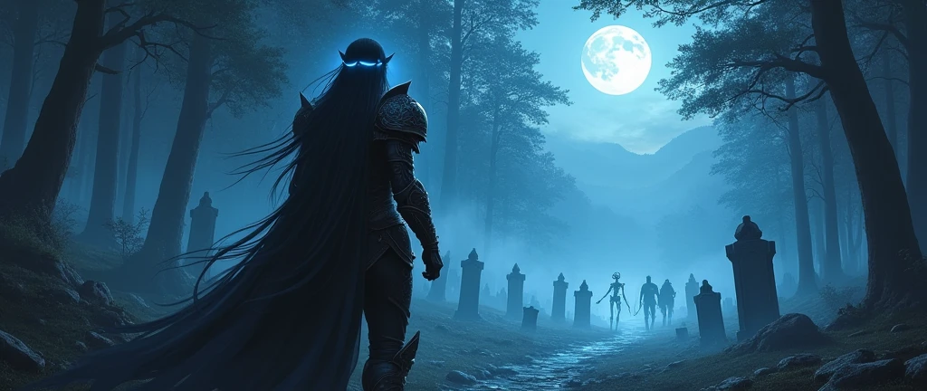 night elf, ((Masterpiece, best quality)), full body view, extremely detailed digital painting, cinematic lighting, mystical atmosphere, elegant posture, long hair, glowing eyes, intricate busty armor, fantasy landscape, dramatic scenery, moody colors, volumetric fog, dramatic lighting, looking onto the skeleton warriors rising from the ancient graves in the forest, moon light shining thru the forest canopy