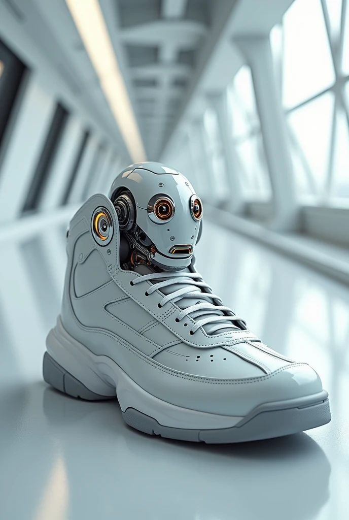Create a white tennis shoe with a robot face