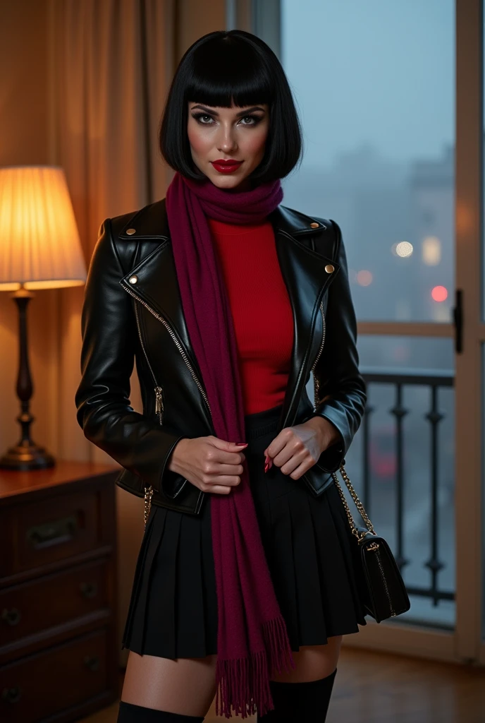 professionally color graded photograph. full body view. An athletic Russian woman. slavic facial features. large breasts. black bob cut wig with bangs. porn style makeup. black eyeliner. rouge blush. glamorous eyelashes. glossy deep ruby red lips. Wearing red turtleneck sweater. Black pleated skirt. Winter thigh high stockings. Black leather high heeled boots. Black leather fitted motorcycle jacket with clasps. Long fuscia wool scarf around neck. Small purse across shoulder. Standing in living room of vintage Soviet apartment in Russia. (night) . Fog and rainy night seen from balcony. romantic mood lighting. Enamored with viewer. (happy smile). POV from front.