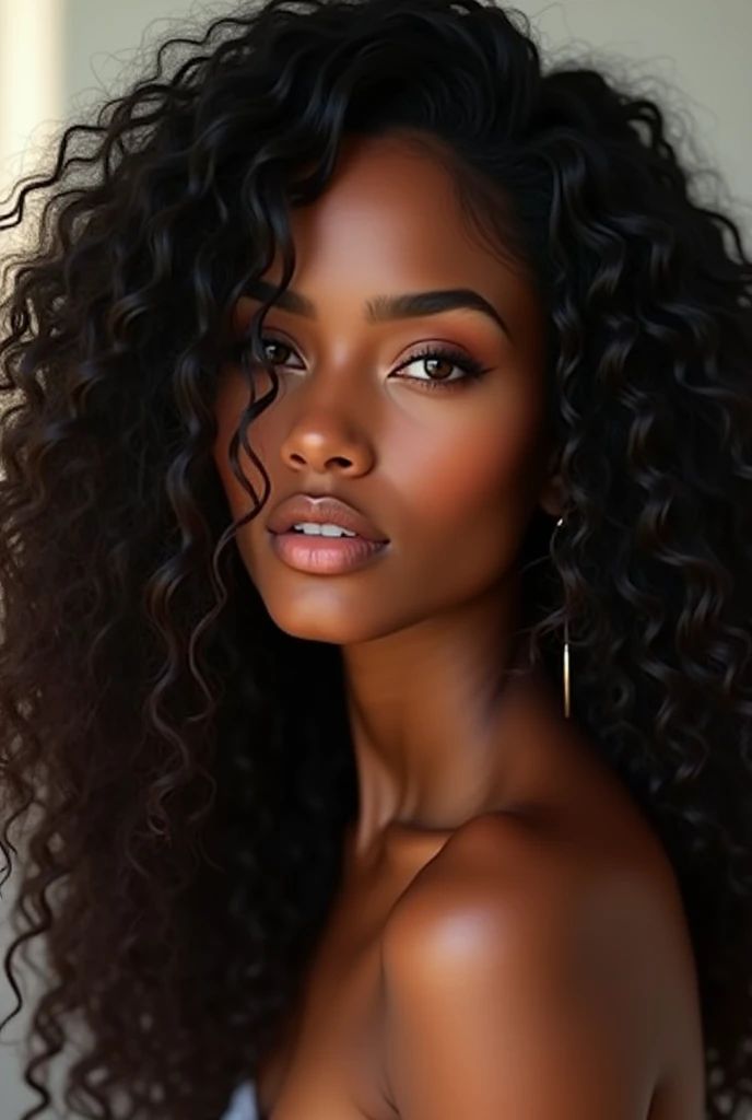 A young, beautiful and  black girl who looks like Adriana Lima with flawless skin has brown eyes and long coily black hair 