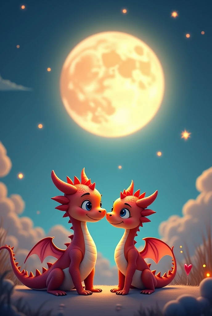 An image of a romantic cute dragon couple all animated with the moon surprises me