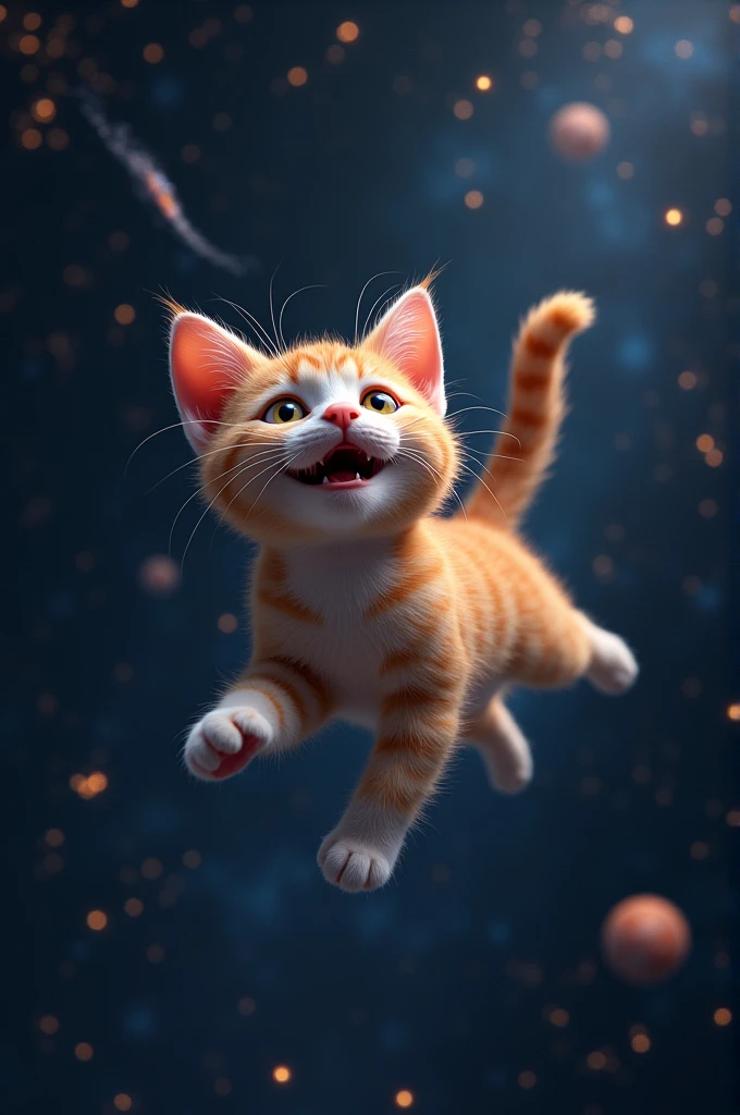 cat floating in space very happy