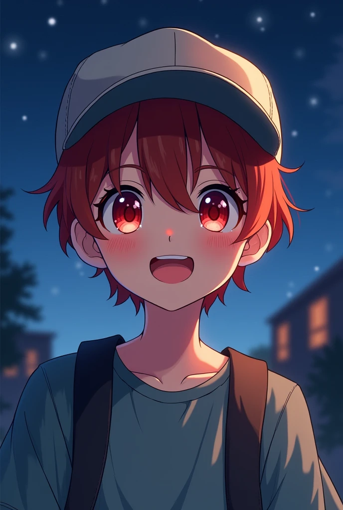 Teenage boy 16, rubio, Red eyes, cap, night landscape, anime style, happy