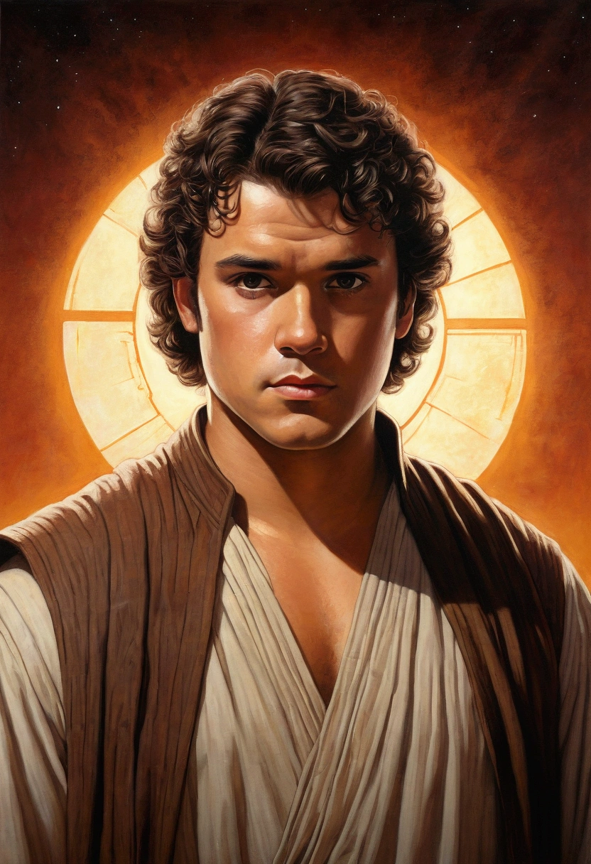 An illustrated movie poster, hand-drawn, full color, a Jedi Knight, 25-years-old, male, wearing a tunic shirt, portly figure, broad shoulders, muscular, hairy body, lost of body hair, brown eyes, brown-black hair, curly voluminous mane, sun-tanned skin, resembles Gavin Leatherwood, standing in a seedy cantina, graphite shading, stencil marks, airbrushed acrylic paint, masterpiece, in the style of Drew Struzan