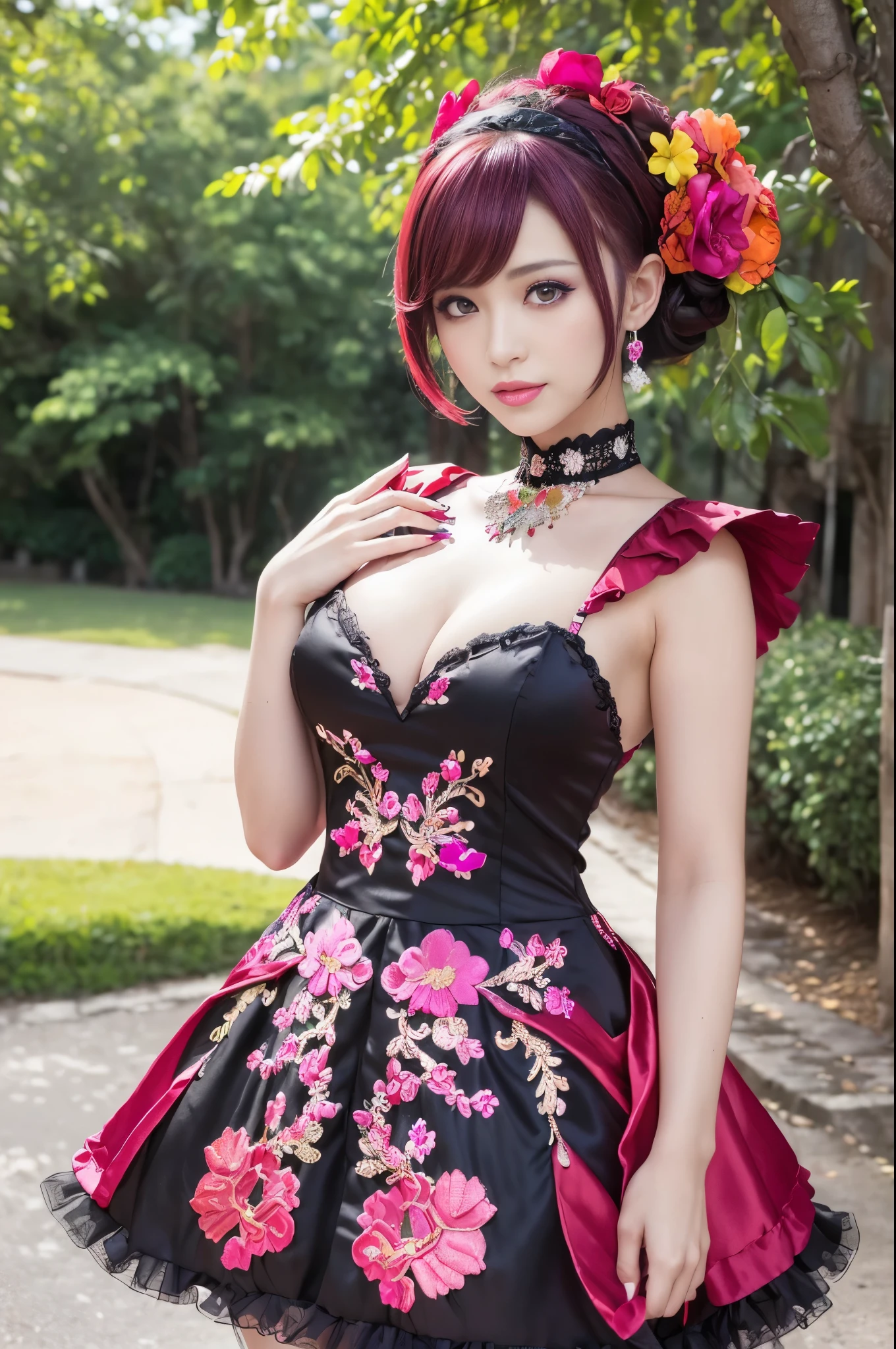 (masterpiece:1.4), (best quality:1.4), ultra high res, ultra high resolution, ((detailed facial features)), HDR, (realistic, photorealistic, photo-realistic:1.37), full body Esbian, sexy Thai model, (-anime), vivid colors, ((vivid colors multicolor (red, fuchsia) very short hair)), (happy smile), lip-gloss, long lashes, ultra detailed metallic makeup, defined eyebrows, wearing large sparkling colorful jewelery, (wearing a red silk Paradise Kiss cosplay dress with black floral embroidery), ((vivid colors outfit)), vivid colors, look at the camera, cinematic light, large park background with trees, sweet and sexy pose