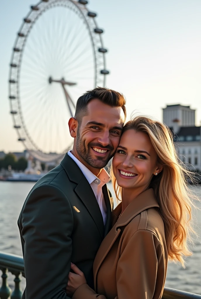 A couple hugging in front of the London Eye, taking a profile selfie man brown hair and eyes, blonde woman with green eyes 8k ultra realistic photorealistic