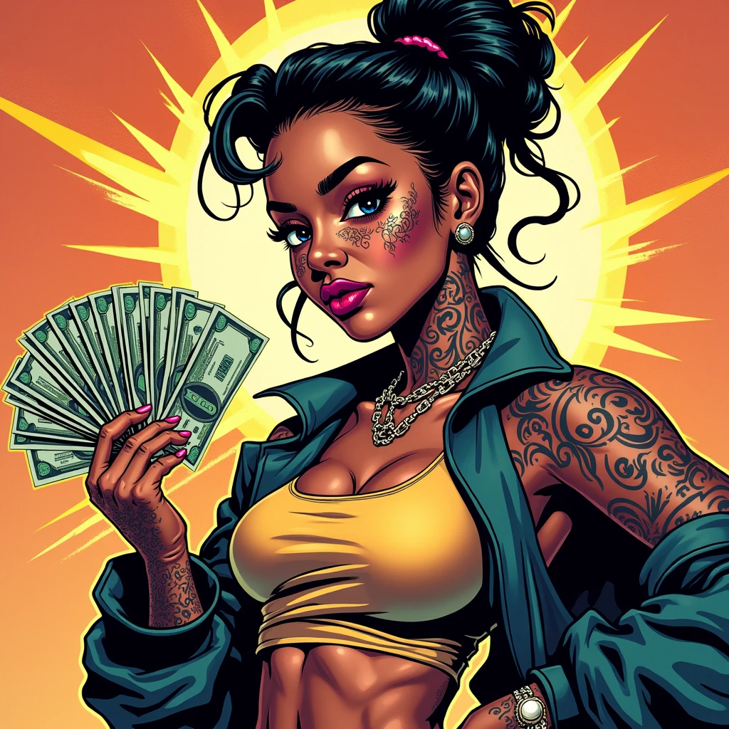 Cool rapper girl, full body, money, face tattoos, comic stile, album cover, text: „Calling wif da racks“, title says „Calling wif da racks“