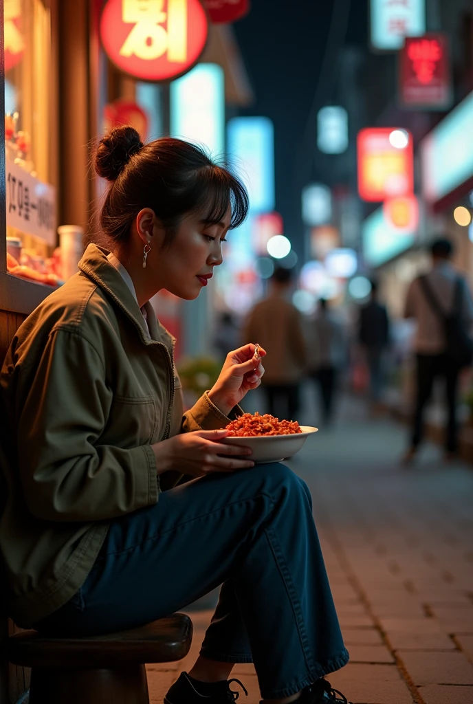 ordinary korean woman eating kimchi on the street in seoul at night
