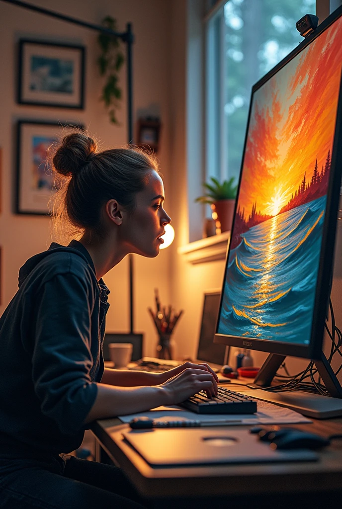 images of intensely typing on the computer, singing and painting a picture