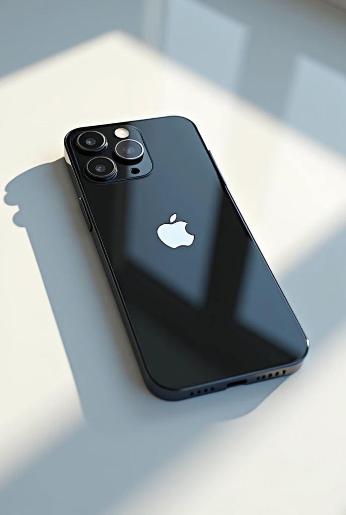 (photorealism:1.2), a black iPhone 15 max with logo apple on a light on a table