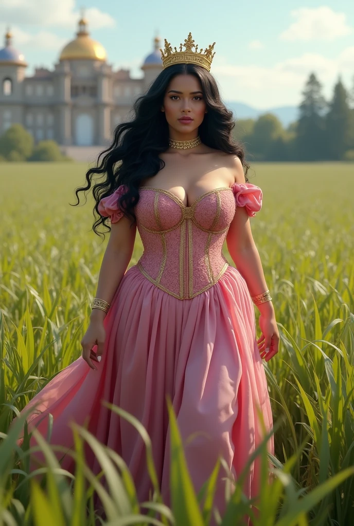 woman, long wavy black hair, medium bust, plump, pink Pricesa corset dress, golden crown, walking through the grass, a palace in the background, looking at the camera, photorealistic