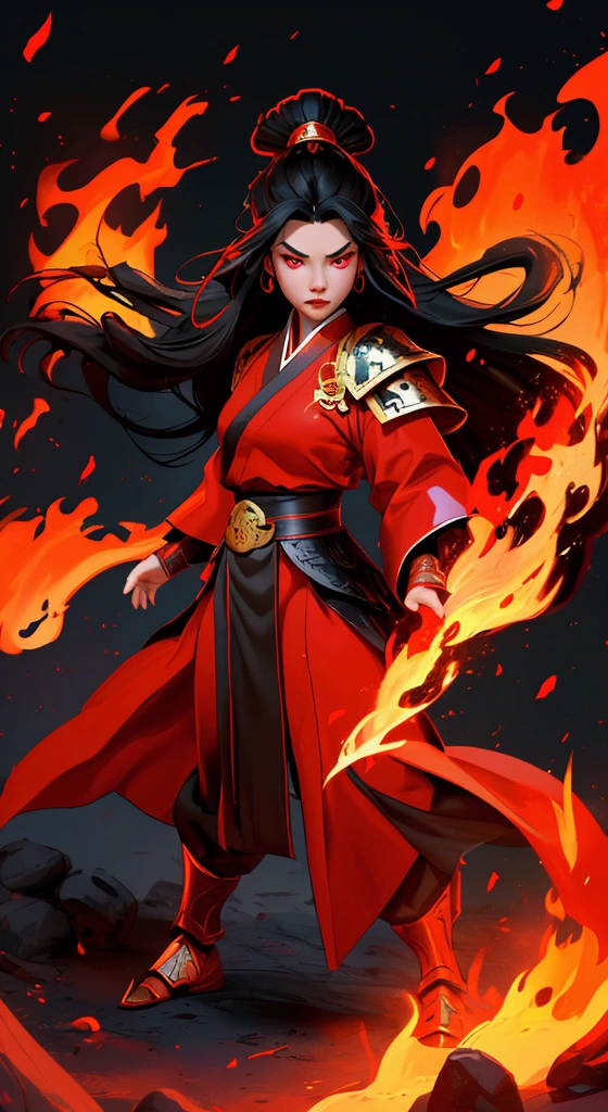 envision a 8k, highres, cinematic, full body design sheet portrait of a fierce girl named Azula with long black hair in a Chinese bun Red eyes, wearing a warrior robe with leather armor plates and fire effects against a dark background