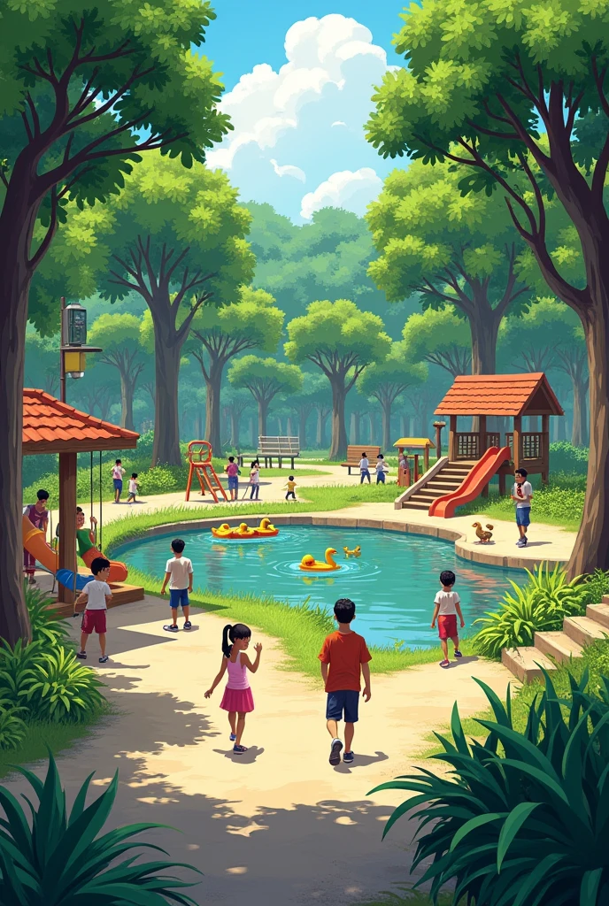 Imagine a city park in the Philippines that feels true to everyday life. The park has a mix of modern and traditional playground equipment like swings, a slide, and a small jungle gym. A few children are playing, while nearby, a couple of adults are walking or jogging along a paved pathway. The park features native plants and trees, such as acacia, mango, and coconut trees, providing shade. Some benches are scattered around, where people can sit and relax, possibly made of concrete or wood. A small pond with ducks might be present, but instead of a decorative bridge, there could be simple stone steps leading up to it.