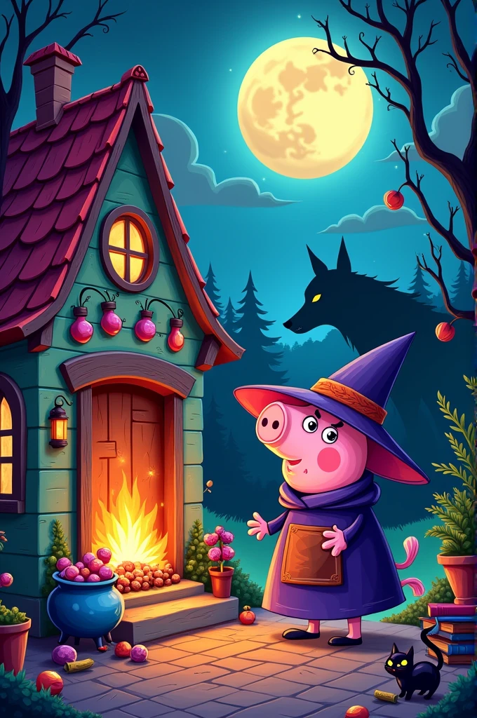 Make a cover for the story of the three credits, in cartoon and coloring, Wherever they are inside the house , with mommy pig and she is a witch and outside you can see the wolf.