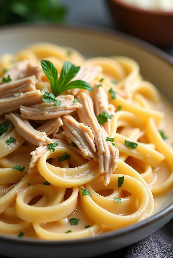 a creamy pressure cooker-style pasta with shredded chicken 
