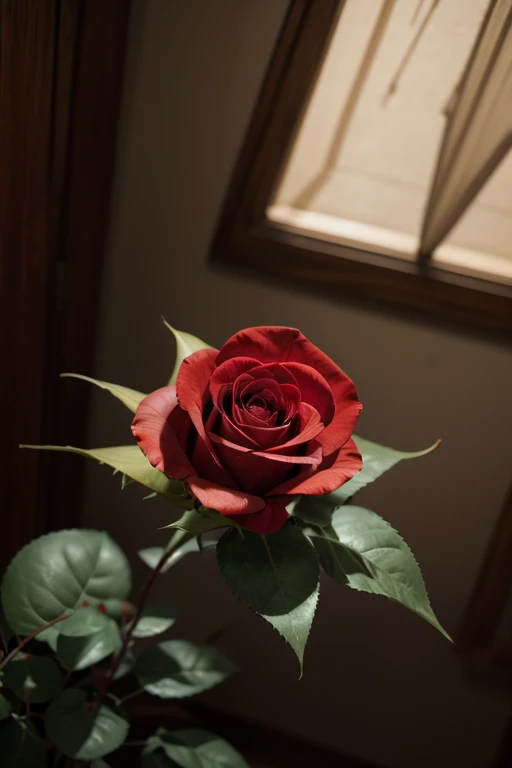 Red rose that is vain and has four thorns on the stem