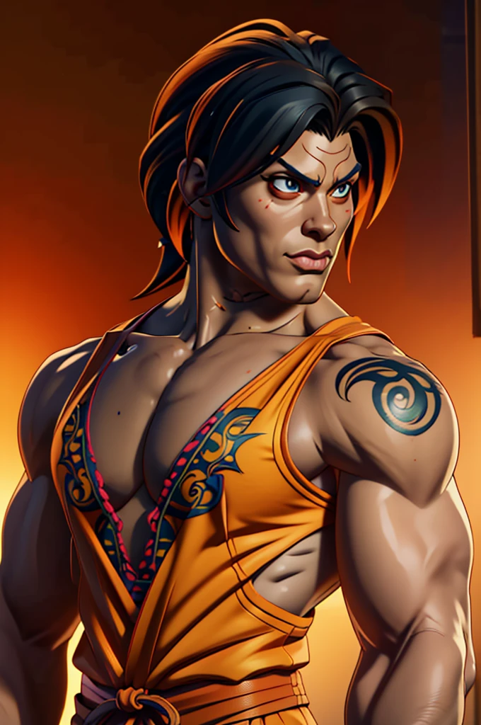 a close up of a man with a dragon tattoo on his chest, muscular character, Badass anime 8 K, anime highly detailed, photorealistic human Goku, detailed anime character art, detailed anime digital art, advanced digital anime art”, intricate ornate anime cgi style, muscular characters, human goku, male anime character, anime style hyper detailed, anime character, epic anime style