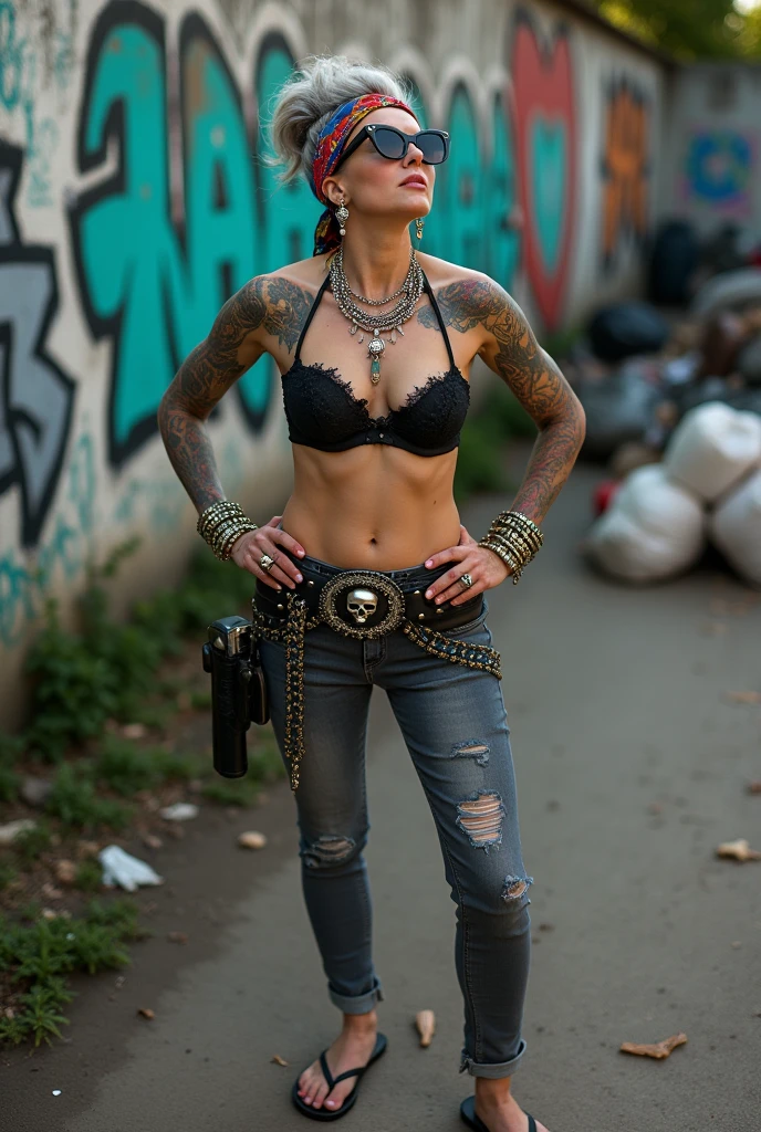 russian old milf woman, grey hair (bouffant, top bun) and oversized square sunglasses and wide colourful bandana as headband, with very light green eyes, extremely pale. Big lips. Black lace push up bra, silicone breast,, dark worn skinny low rise grey jeans with holes on knees ( patched with colourful fabric). Flip flops. Lots of thick wide studded bracelets, chain collars and big rings. Tacky wide studded leather belt with big skull and bones oval buckle. Pistol holster hanging from another loose belt,. Long earrings with chains and feathers. Standing with legs apart, hands on her hips, stretching her neck and looking up in surprise craving., Neck, chest, stomach and wrists heavily tattoed. Toned abdominals, thin neck, slim legs and thin arms. Narrow hips Graffitied wall behind, waste on the ground and piled garbage bags around. Seen from above