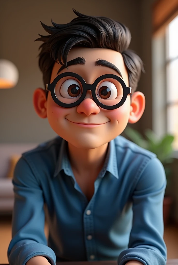 Cartoon character of a man in black glasses and blue shirt, an animated character, stylized character, animation style rendering, 3d stylized, Arnold Maya rendering, Stylized 3D rendering, toon render screenshot, 3d character, 3d character, Stylized 3D rendering, 3D character rendering, cartoon character, Personagem de close up, character posing, (Pixar-style) (master part:1.2) (bokeh) (best qualityer) (skin detailed) (detailed texture) (8k) (Argilla) (cinematic lighting) (sharp focus,Sit down and lift your upper body