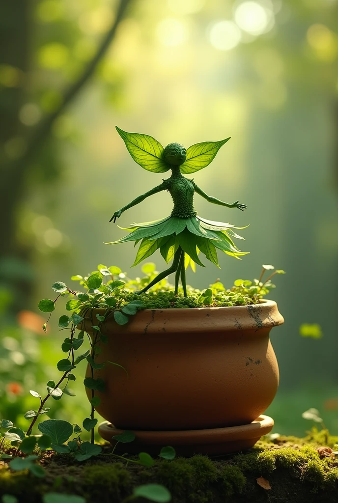 A whimsical miniature figure composed of delicately arranged green leaves, poised in a carefree dance on the rim of a weathered, moss-covered terracotta pot, set against a lush, vibrant forest backdrop, where dappled sunlight filters through the canopy above, casting intricate shadows. The overall aesthetic is ethereal, with warm, earthy tones of sienna, umber, and olive green, infused with hints of emerald and golden light, evoking a sense of wonder and enchantment, as if plucked from a fantastical realm.