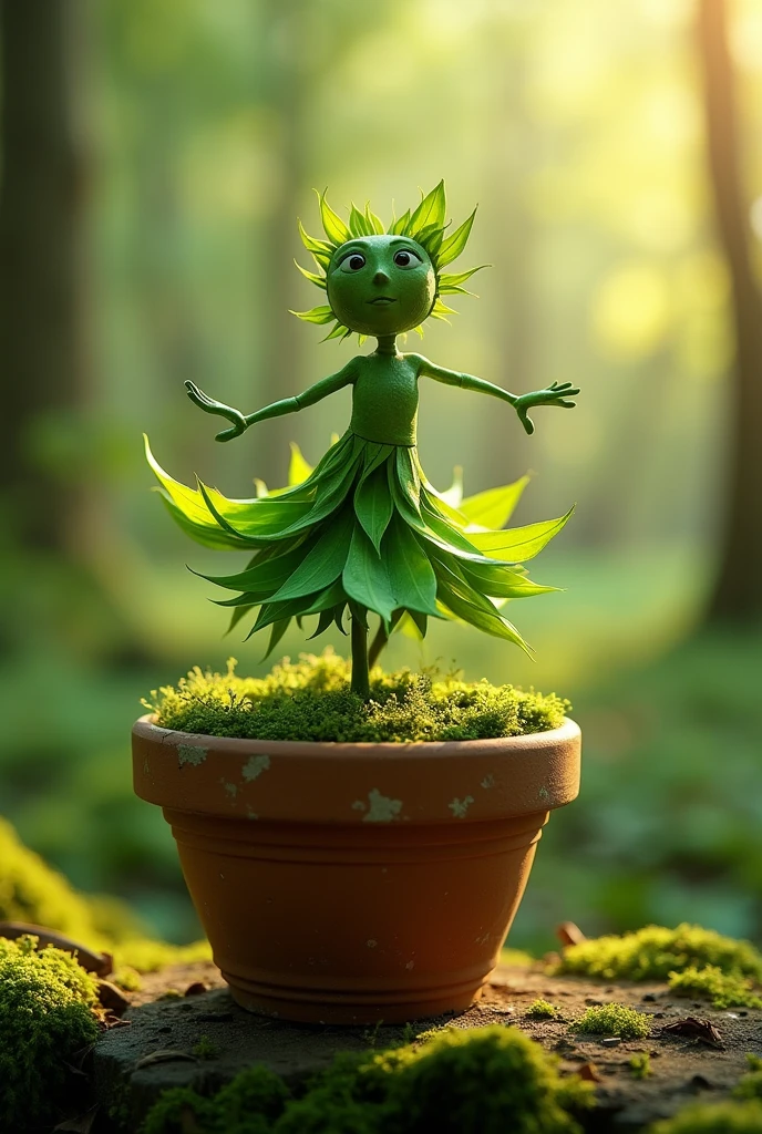 A whimsical miniature figure composed of delicately arranged green leaves, poised in a carefree dance on the rim of a weathered, moss-covered terracotta pot, set against a lush, vibrant forest backdrop, where dappled sunlight filters through the canopy above, casting intricate shadows. The overall aesthetic is ethereal, with warm, earthy tones of sienna, umber, and olive green, infused with hints of emerald and golden light, evoking a sense of wonder and enchantment, as if plucked from a fantastical realm.