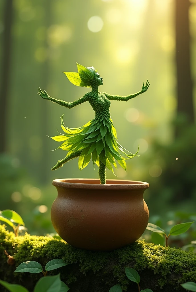 A whimsical miniature figure composed of delicately arranged green leaves, poised in a carefree dance on the rim of a weathered, moss-covered terracotta pot, set against a lush, vibrant forest backdrop, where dappled sunlight filters through the canopy above, casting intricate shadows. The overall aesthetic is ethereal, with warm, earthy tones of sienna, umber, and olive green, infused with hints of emerald and golden light, evoking a sense of wonder and enchantment, as if plucked from a fantastical realm.