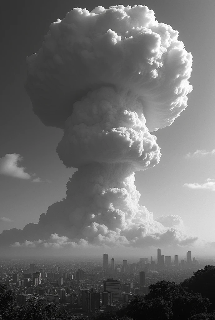 he massive mushroom cloud rising over Nagasaki shortly after the atomic bomb detonation. The scene is viewed from a distance, capturing the sheer scale of the explosion and the ominous power of the bomb.