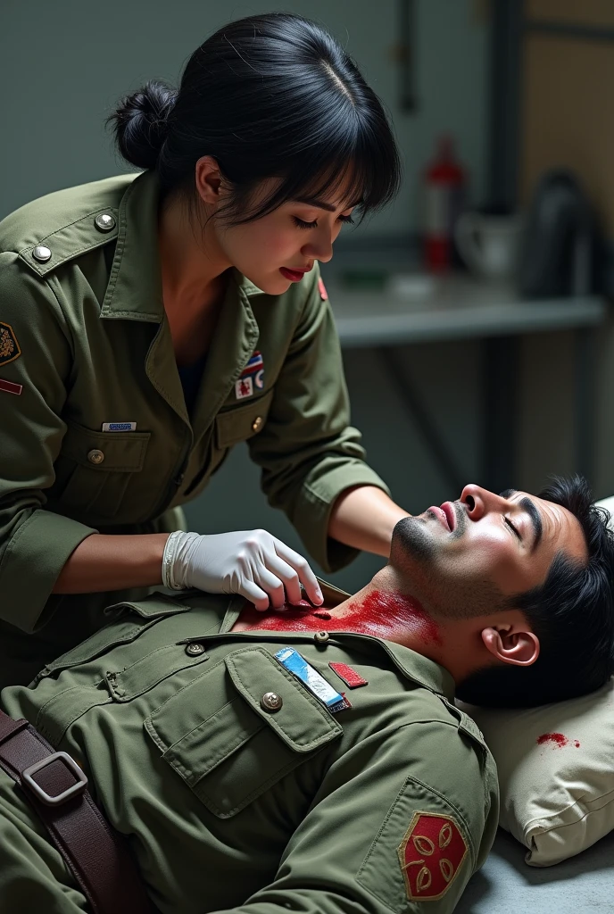 military soldier, Bblack hair, skin black, He's hurt, a nurse is dressing him
