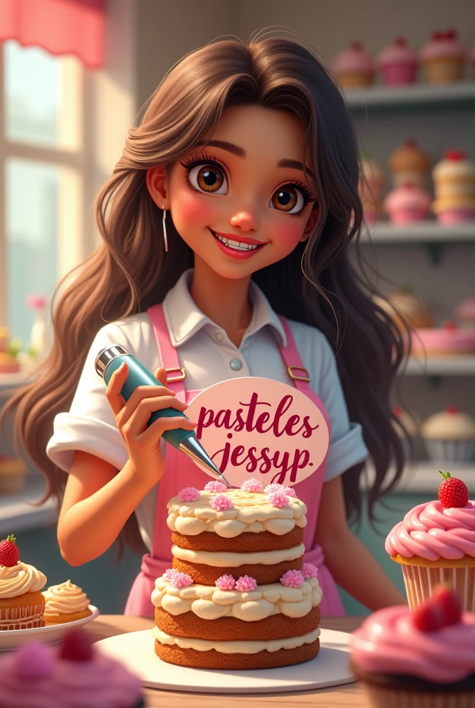 Pastry girl, light brown skin color, dark brown eyes,smiling with braces on teeth, long loose hair, hair with caramel balayage, with a sign on the back “Pasteles JessyP” in pink flowery letters, Pink colour, around cakes, cupcakes and the girl decorating a 2-tier cake with a pastry bag