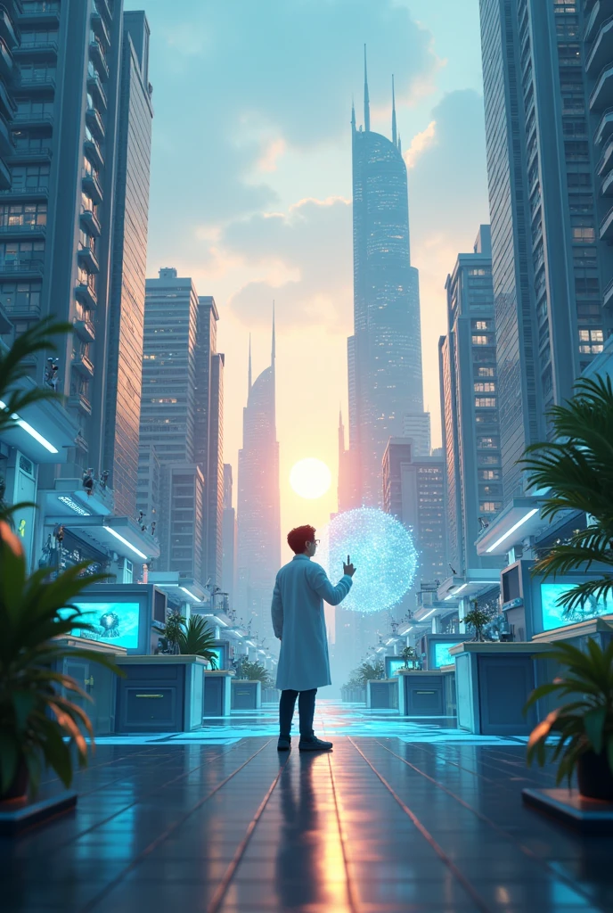  Realistic 3D with Fantastic Touch"

Show a modern city, vibrant and full of life, with glass skyscrapers reflecting the soft light of dawn. In the center of the scene, Lucas, a young and dedicated scientist, is in a high-tech laboratory. He wears a white lab coat and protective glasses., focused on a glowing blue hologram representing their secret sustainable energy project. The laboratory is futuristic, with floating screens, advanced equipment and green plants in the background, symbolizing the search for an environmental solution. The image must have realistic 3D quality, with vibrant colors and a touch of fantasy, like in animated movies. The composition must capture both the normality of the urban environment and Lucas&#39;s determined focus on his work., in a style 