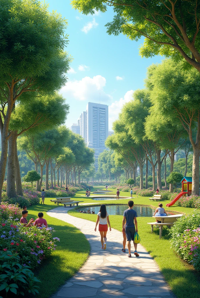 Imagine a city park in the Philippines that feels true to everyday life. The park has a mix of modern and traditional playground equipment like swings, a slide, and a small jungle gym. A few children are playing, while nearby, a couple of adults are walking or jogging along a paved pathway. The park features native plants and trees, such as acacia, mango, and coconut trees, providing shade. Some benches are scattered around, where people can sit and relax, possibly made of concrete or wood. A small pond with ducks might be present, but instead of a decorative bridge, there could be simple stone steps leading up to it. realistic