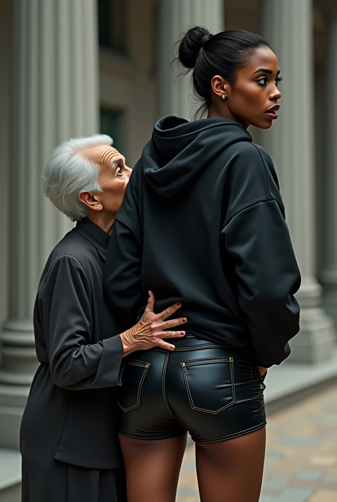 black woman hair in a bun black hoodie black leather short shorts rea;;y in shock as a old grandma in a dress on her knees kissing her ass behind her hand is in her ass holding her ass