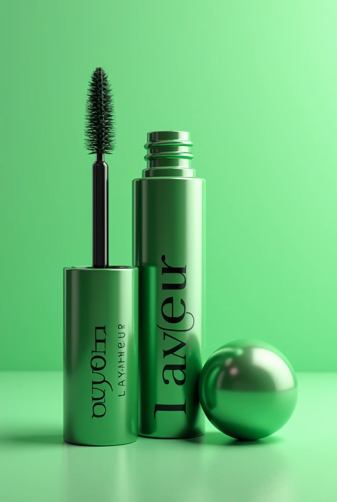 create an image of a mascara that has a round container, the mascara brush is on the outside, The name of the mascara is “LAVEUR” in asymmetrical and contrasting letters. It has various green colors, The packaging is modern and fluid