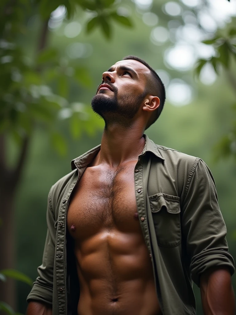 Gorgeous well built guy, short buzz cut hair, open shirt, hairy chest, looking up at the skies, 4k resolution, photo realistic image, sweat pouring down his face