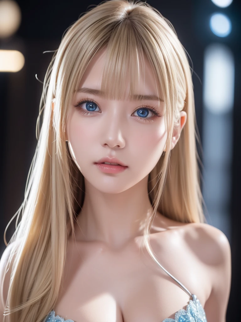 Highest quality、8kの傑作、Ultra-high resolution、(Realistic:1.3)、RAW Photos、 A Nordic girl with shiny blonde hair、Silvery blonde hair、Super long straight hair、Bangs between the eyes、Hair above the eyes、片Hair above the eyes、Hair between the eyes、White and glowing skin、1. Cyberpunk Super Beautiful Soldier、((Ultra-Realistic Details))、Portraiture、Global Illumination、Shadow Realm、Octane Rendering、8k、Ultra Sharp、Beautiful breasts、Skin is exposed through the cleavage、Metal、Cool colors、、Very intricate details、Realistic Light、Trends of the CG Association、so beautiful, Big bright blue eyes、Very big eyes、Eyes shining at the camera、Neon Details、Small Face Beauty、Round face、Cheek highlight
