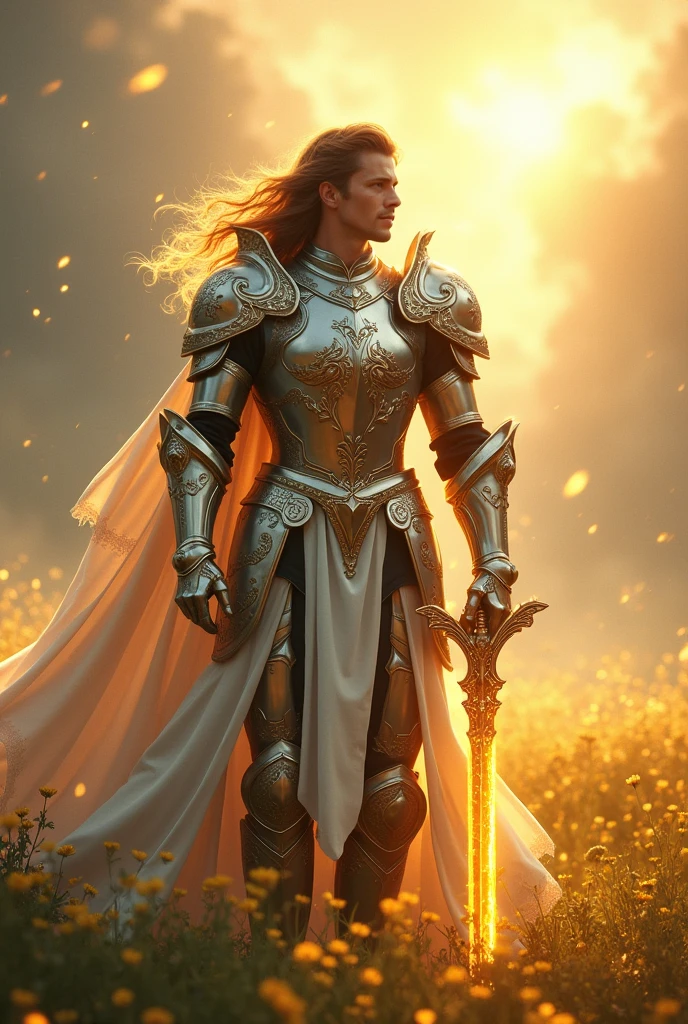 Heavenly field scenery, hyper realistic, handsome male, long brown hair, Intricate angelic knight armor, holding an intricate sword beaming gold energy, mighty, dynamic pose, somewhat close,