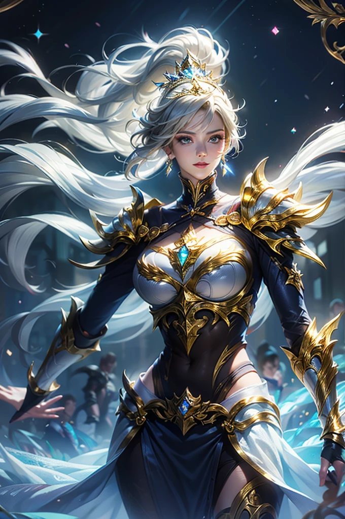 Ultra HD、Ultra-clear、White and beautiful translucent skin、Beautiful and well-proportioned face、Cute smile、Saint Seiya of Libra、Covers the whole body in silver armor、A holy knight in silver armor、Platinum tiara、Silver armor covered in flashy carvings、Heavy silver armor、Beautiful clear blue eyes、Blonde Short-Haired、、Outer space background、ponytail、