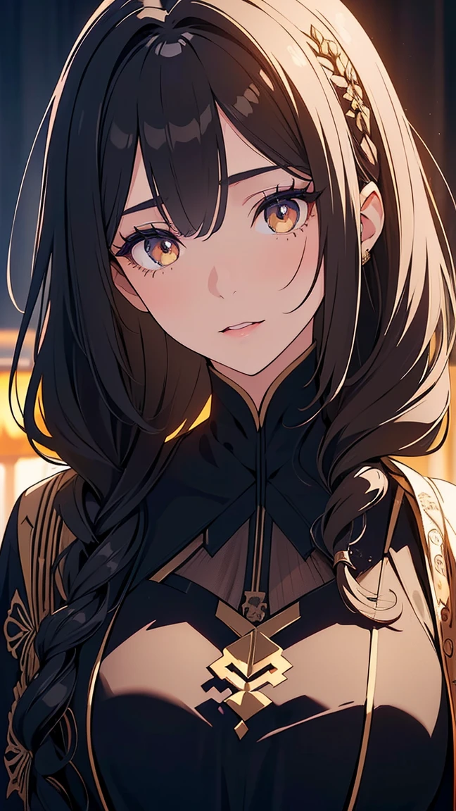Girl1,(black long hair, Long eyelashes, curly hairstyle, Honey-colored eyes),(white eye shadow), (black Arabic abaya dress), (mouth open), (Highly detailed CG,module,8K wallpapers)،(Highest quality, high resolution, beautiful lighting, realistic shadow, high resolution)،(Detailed skin, highly detailed, detailed faces and eyes, realistic eyes)