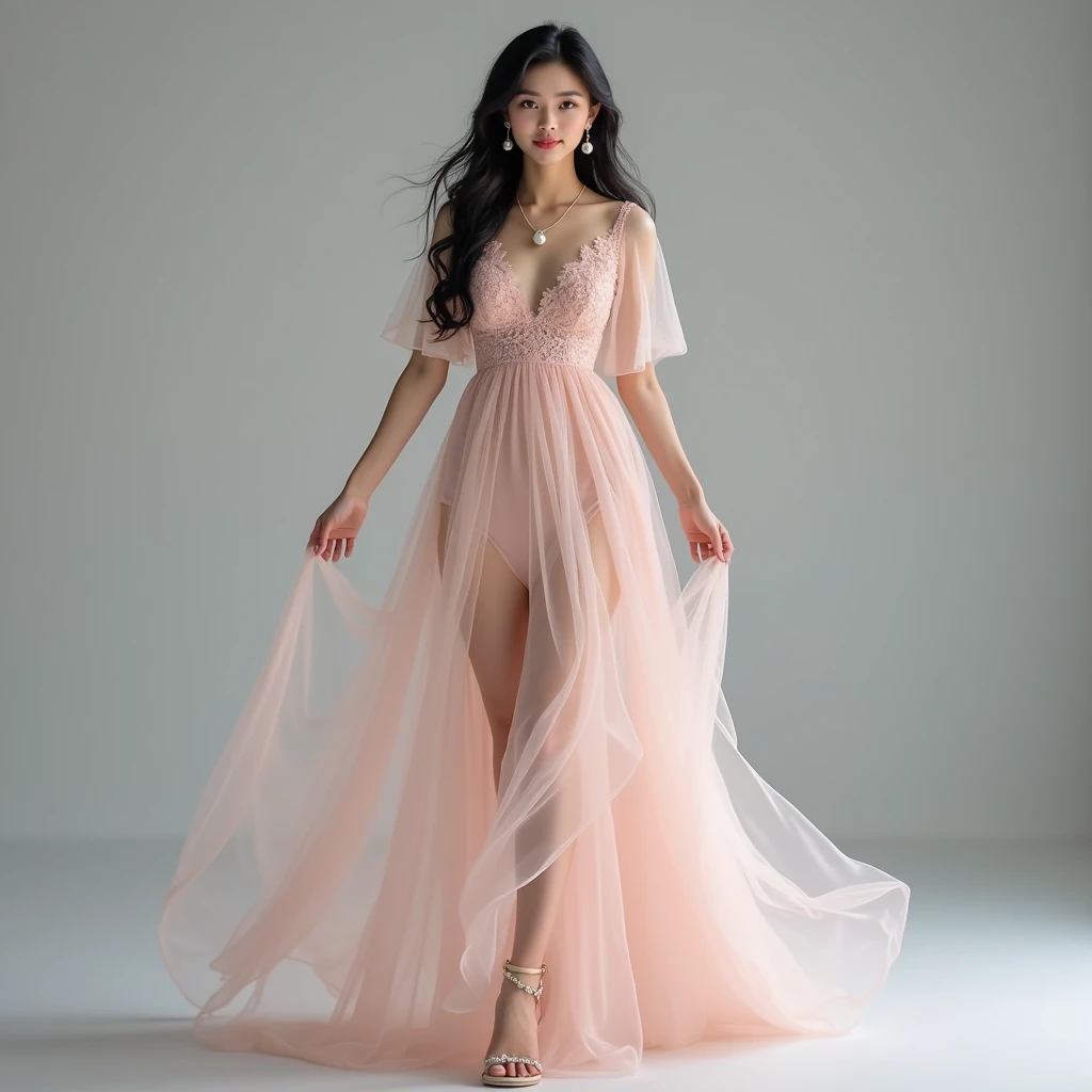 A full-body image of an Asian woman with an angelic essence, standing gracefully against a gray background. She wears a blush pink chiffon gown that flows elegantly to the ground, with delicate lace accents around the bodice and sleeves. The gown’s airy fabric sways softly, reminiscent of fluttering wings. Her long, black hair cascades in soft waves, framing her serene, glowing face with bright, almond-shaped eyes. Her delicate sandals are adorned with small pearls, adding a touch of divine beauty. She wears a delicate chain necklace with a raw pearl pendant and matching pearl drop earrings, catching the light and enhancing her ethereal charm.