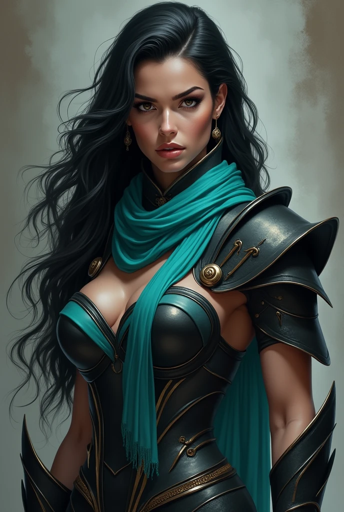 
(masterpiece), best quality, expressive eyes, perfect face, (1)Woman, milf, mature look,atletic body, long black hair, serious face, medium chest , hips, withe skin, elegant sacred clothing with large shoulders and a deep collar with a distinctive palette of black, gray and turquoise scarft , black boots, armor, looks at the viwers similar to Aphelios league of legends
