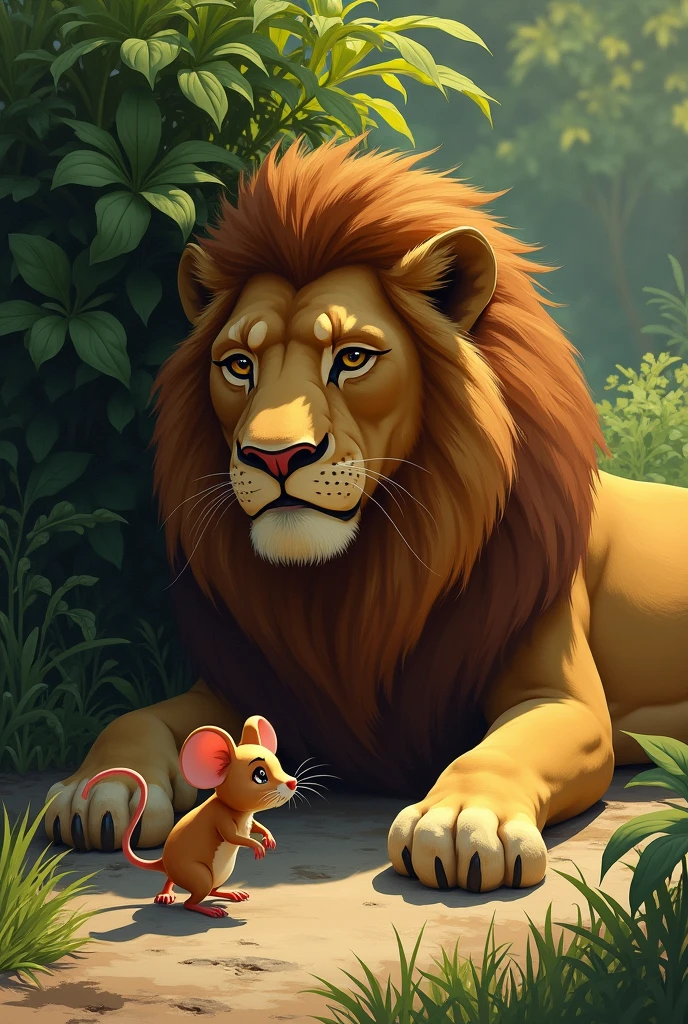 A mouse walking in front of a lion lying next to a bush 
